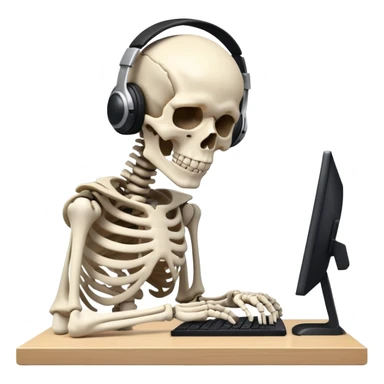 Skeleton sitting at computer with black headphones on slamming his head into his desk sticker