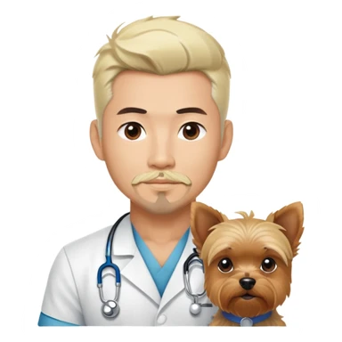 Blonde nurse and a dark haired pointy hair full goatee and muscular hot asain Korean man with one silver hair yorkie.  sticker