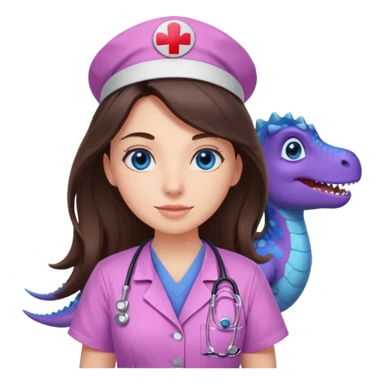 pretty brunette nurse with long hair and blue eyes in pink and purple dinosaur pattern scrubs sticker