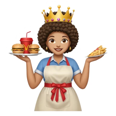 Mujer curvy afro, con vestimenta cómoda y delantal,con una corona sobre su cabeza y sonrisa contagiosa. Entre brazos comida rapida sticker
