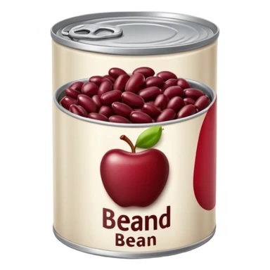 open metal can filled with glossy dark red kidney beans in thick slightly starchy liquid, beans plump smooth gently mounded in plain partially opened tin can, no label or extras, apple emoji style, soft lighting, subtle shadows, transparent background, emoji scale sticker