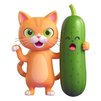 a scared cat next to a cucumber sticker