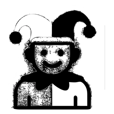 crazy colorful cute little cat jolly joker from poker, medieval, vintage, court jester, mac os icon, purple, gold and red color, head + torso. Squared shape as 3D mac os icon, symmetrical sticker