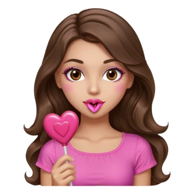 girl with long wavy brown hair, brown eyes, long lashes makeup, sexy pink lips, light to medium complexion, wearing a pink sexy top,, heart lillipop sticker