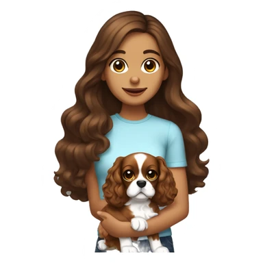 Tanned brunette long wavy hair girl holding a cute cavalier spaniel dog with short ears wavy fur sticker
