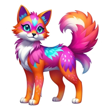 Vibrant multicolored neon-colored Falvie-Fionbri-creature-sparkle-feline-canine-hybrid-fursona, full body, fur pattern-markings sticker