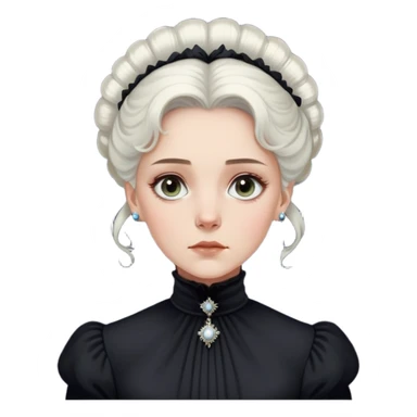 Victorian-era white woman with white coiffed hair, light eyes, wearing a simple dark turtleneck Victorian gown, with a dropped jaw in awe and wonder sticker