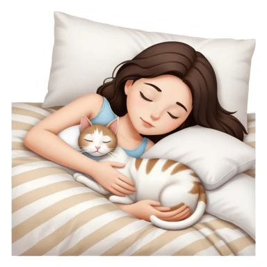 side view Brunette teenage girl sleeping with white cat that has beige stripes on a white pillow with white sheets sticker