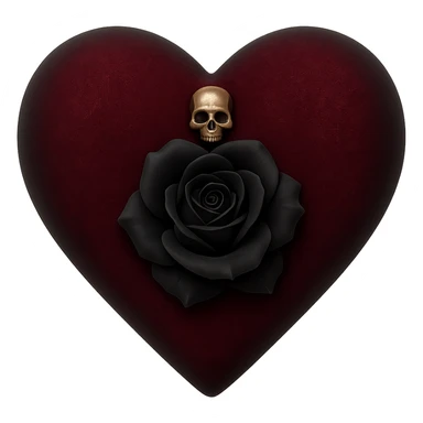gothic heart in 3D black style, dark crimson velvet texture, silver skull charm, black rose center, lush and gothic sticker