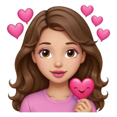 girl with long wavy brown hair, brown eyes, light to medium complexion, in a pink shirt, pink lips, long lashes, puckering lips kissing, blushing with hearts sticker