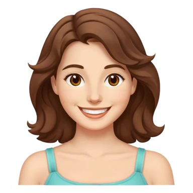 White woman medium size, wavy brown hair shoulder length, brown eyes, smiling, saying "Happy March" sticker