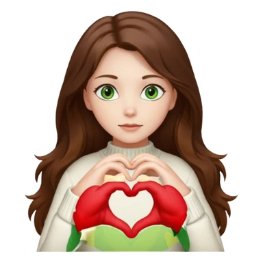 Girl green eyes brown long hair white warm sweater doing hands heart sticker