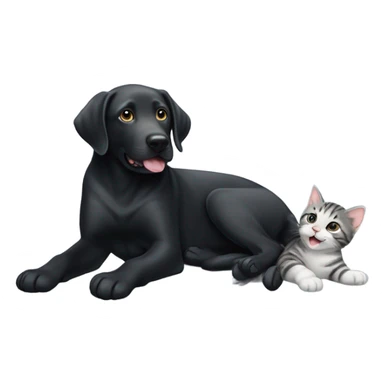 Black lab with grey tabby kitten with white legs playing with the labs tail sticker