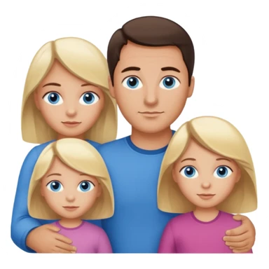 Family portrait with father with dark brown hair and blue eyes, mother with light brown hair and blue eyes, three blonde little girls with blue eyes sticker