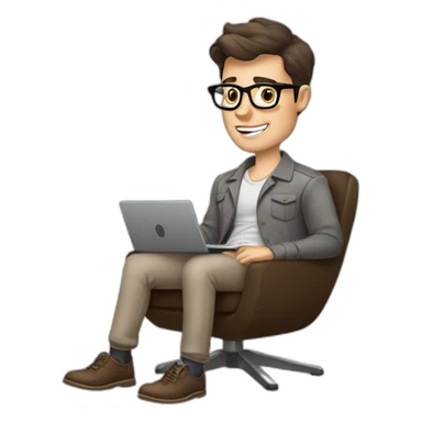 Pale skinned Fit Man With dark brown hair in gray jacket, beige office shirt, Brown pants and vintage glasses sitting In a soft chair with a notebook and a pen Popping his tongue sticker