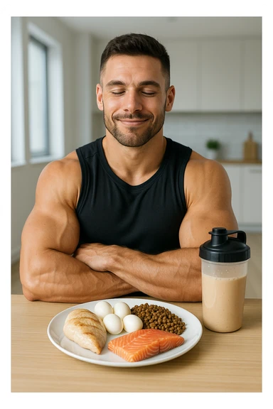 Uomo muscoloso, seduto a tavola con un piatto ricco di proteine: petto di pollo, uova, legumi, pesce e frullato proteico. Espressione soddisfatta e consapevole, in un ambiente luminoso, magari una cucina moderna o uno spogliatoio da palestra. Muscoli ben definiti, simbolo di cura e attenzione all’alimentazione. Atmosfera positiva, energetica sticker