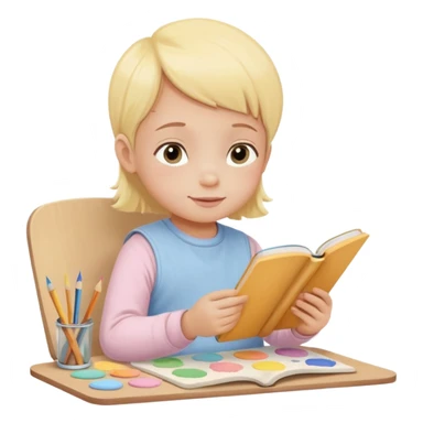 Flat illustration emoji of a small child sitting and reading a book with colored pencils or paint palette nearby, happy and peaceful expression, soft pastel colors (yellow, light blue, soft pink), rounded shapes, minimal details, child-friendly, warm and gentle style sticker