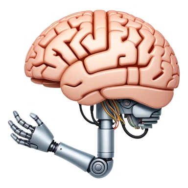 A translucent brain made of light and circuits, connected to a mechanical arm. The image is of an AI that thinks and acts on its own. sticker