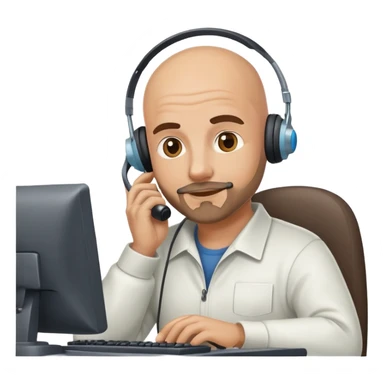 Bald man with a small beard with a telephone headset working on computer named FORDEWIND sticker