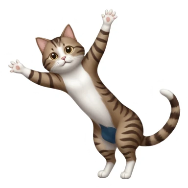 dark brown tabby and white cat with doing a big extremely long stretch reaching up into the air with arms and legs side by side together straight and overextended whilst lying on its side sticker