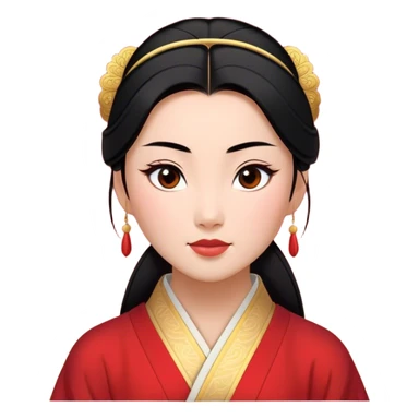 Cinematic Elegant Mulan Portrait Emoji, rendered in a realistic, vector-style with minimal shading and bold, simplified shapes. Depict Mulan (chest and above) with warm, light-toned skin, almond-shaped eyes, and sleek black hair styled in a traditional bun. She wears a modest, traditional robe with subtle red and gold accents, glowing with a soft, refined radiance and high shine, capturing timeless beauty and inner strength. sticker
