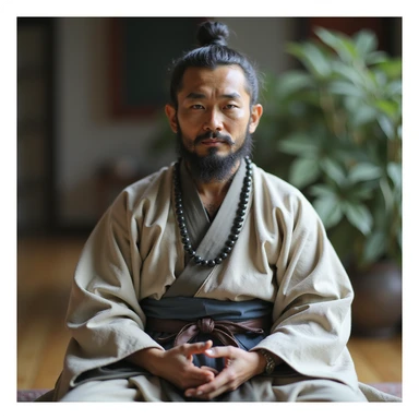 realistic AI chatbot with a calm, wise samurai-inspired appearance, embodying Bushido and Buddhist serenity. Subtle traditional robes, peaceful expression, poised posture, tranquil setting, aura of focus and mindfulness. sticker