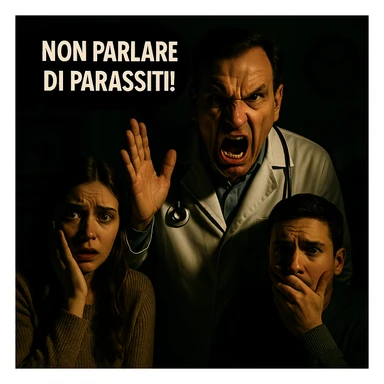 Make the scene more dramatic by intensifying the doctor's angry expression, adding dramatic lighting and shadows, making the patients look even more frightened, and emphasizing the speech bubble with bold text. Keep the realistic medical setting intact. sticker