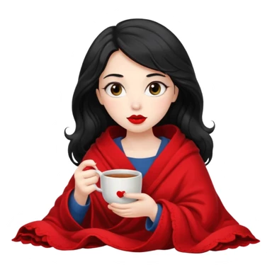 Long wavy Black haired, white skinned, dark big eyed girl with red lipstick wrapped in a blanket, sipping tea and reading a book sticker
