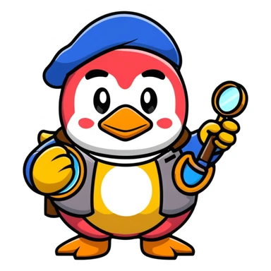 King Dedede from Kirby dressed as a detective, holding a magnifying glass, cartoon style sticker