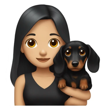 an Asian girl with long hair, wear black dress, hugging a black and tan long haired dachshund sticker