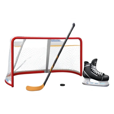 An icon showing a close-up of a hockey stick, puck, skates, and hockey net placed on the ice. The background features a packed stadium with bright lights, cheering fans, and snowy scenery outside. Transparent background highlights the key elements of the game. sticker