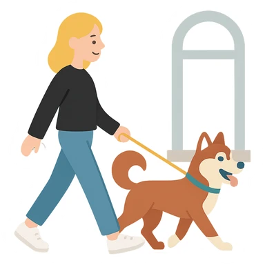 Cute Blonde woman wearing a black sweater and jeans and white sneakers walking a happy red-brown blue-eyed Siberian husky in New York City on an upper east side city sidewalk  sticker