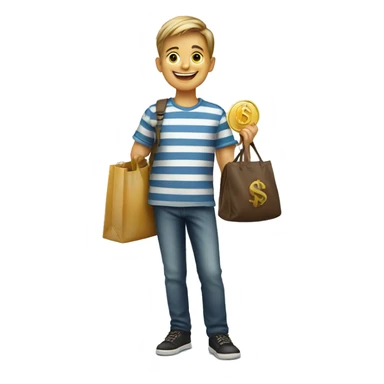 smiling boy in striped shirt holding a bag with a money symbol sticker