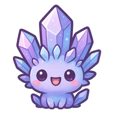 kawaii style emote of a crystal sprite creature, purple, blue, and pink, happy expression sticker
