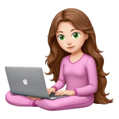 make a picture in ios 18 style of a white girl with brown long wavy hair and green eyes wearing pink pilates core pajamas and working on a laptop sticker