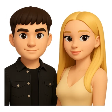 Slightly increase the volume of the upper body of the girl, separate the girl and the boy from each other, make the skin color the same for both characters. Maintain the cartoonish 3D style. Keep the background transparent. sticker