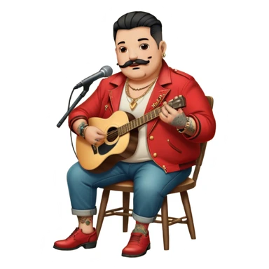 Icon for Chanson: Old fat chanson singer with tattoos and short moustache, red jacket, gold chains and braslettes, sitting on a chair with an acoustic guitar and standing microphone. No earrings. The atmosphere should reflect a nostalgic, soulful vibe with vintage elements. Transparent background. sticker