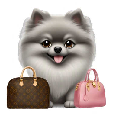 Little grey Pomeranian and a Louis Vuitton bag sticker