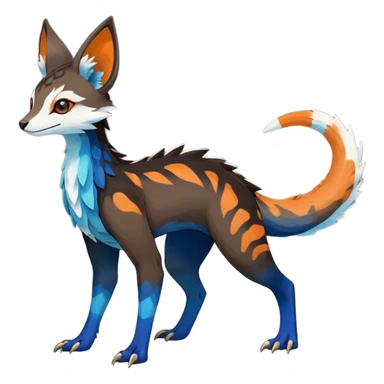 Rare realistic exotic dark-brown light-brown gradients white neon-orange dark-blues cute epic pretty beautiful handsome gorgeous aesthetic colorful vibrant Vernid-Trico-species-Fakemon-creature by LiLaiRa, 4 legs, 1 tail, random markings, (full body) sticker