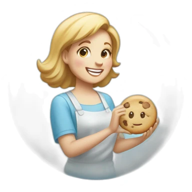 a happy lady holding up a cookie in a clear plastic bag with a light blue circular sticker on it with the text "bliss pastries" sticker