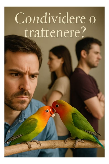Vertical format: Close-up of a man observing two parrots exchanging food, next to a human couple turning their backs on each other, with Italian text: 'Condividere o trattenere?'. sticker