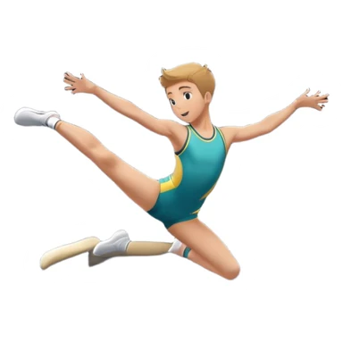 An athletic person soaring high above a trampoline, executing an acrobatic flip with perfect form. The scene captures motion and energy, with a dynamic pose, stretched limbs, and a focused expression. The background suggests a professional trampoline arena with safety padding. sticker