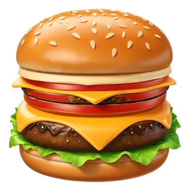 A cute 3D emoji-style burger with glossy finish, shiny bun with sesame seeds, melted cheese, fresh lettuce, smooth cartoon design, soft lighting, clean background, high-quality modern emoji look. sticker