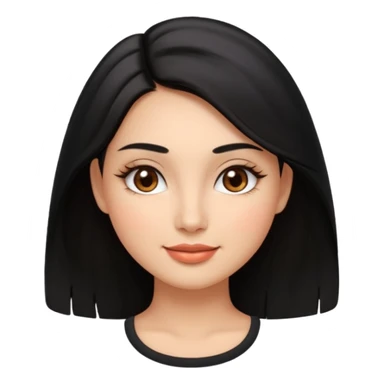 Feminine woman Softly rounded, healthy face — slightly curvy and feminine, not overweight.
Warm tan skin, brown eyes with long lashes, full glossy lips, gentle smile.
Shoulder-length black hair framing the face.
Clean, polished emoji look, soft shading, neutral background. sticker