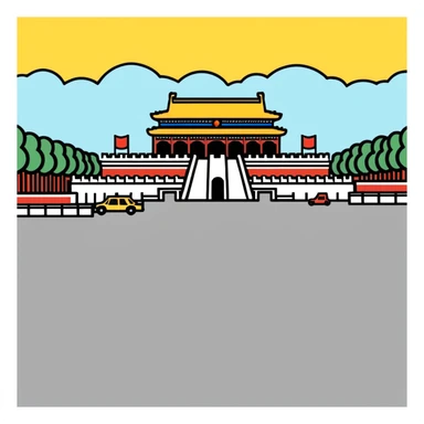 Tiananmen Square in Beijing with traditional Chinese architecture gate, sunny day, travel landmark illustration sticker
