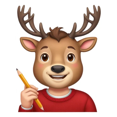stag in red sweater holding a pencil and smiling sticker