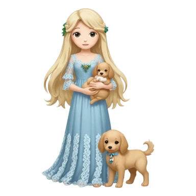Pastel anime lady long hair with long lace dress full body holding puppy sticker