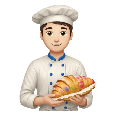 Young male baker – holding a croissant, flour on clothes

 sticker