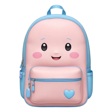 Cute Kawaii Backpack, round and chubby, soft pastel pink and blue, tiny heart-shaped zippers, blushing cheeks, a tiny smiling face, a happy school-time companion! sticker