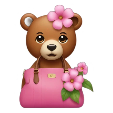 A pink bear  flower on its head and a brown handbag sticker